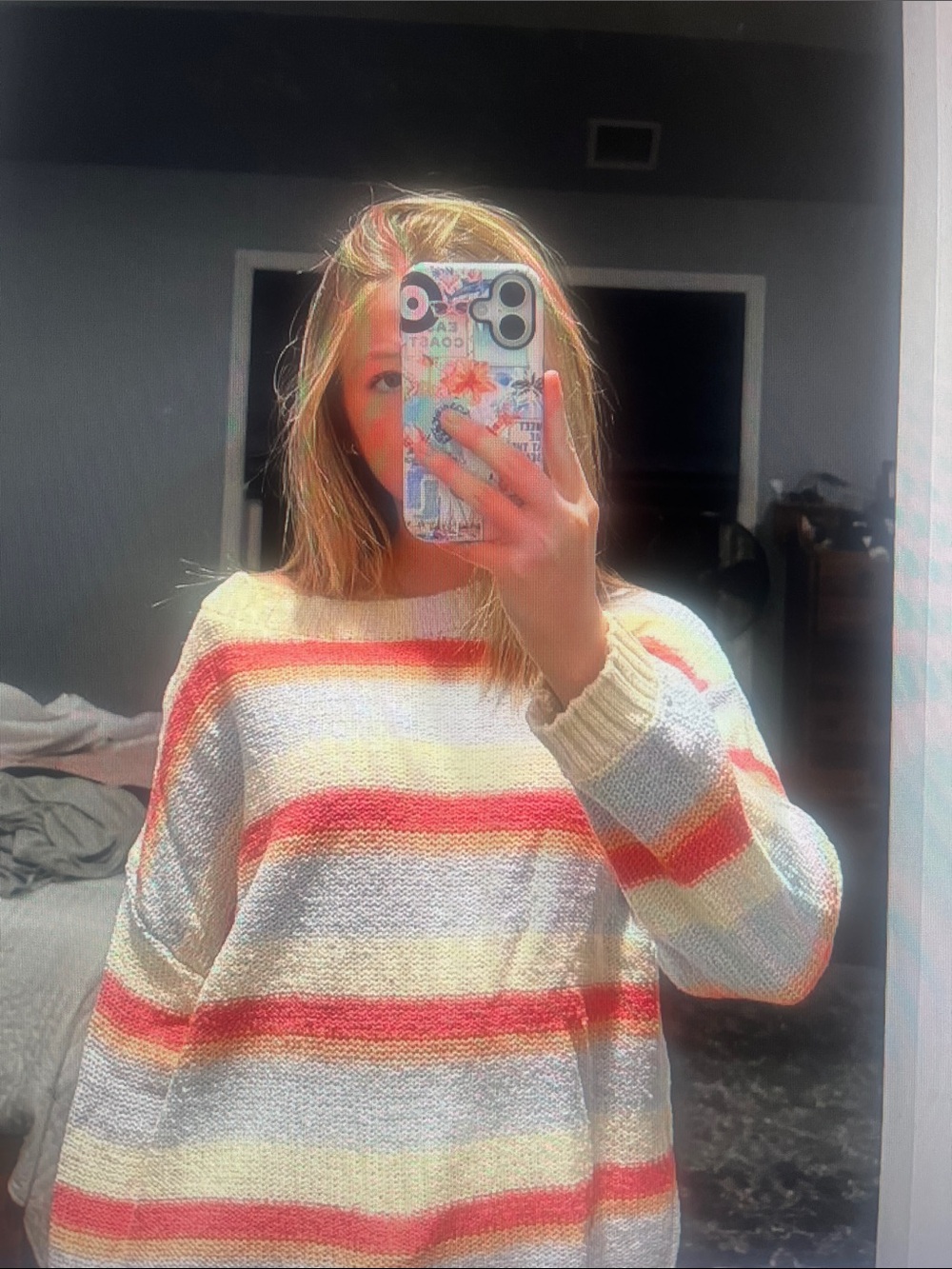 Casual Striped Knit Sweater Top - Cream with Coral & Yellow Stripes